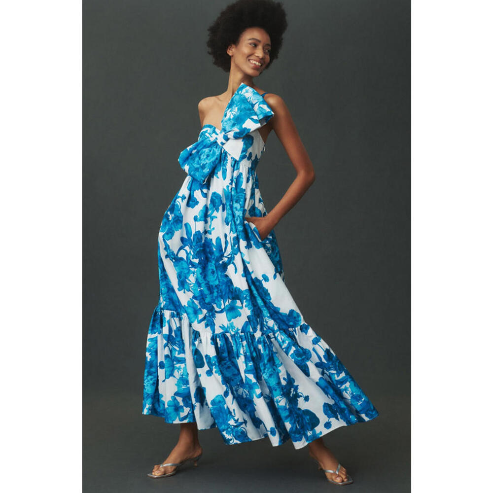 Anthropologie x ATSU -Women's One Shoulder Blue Floral Maxi Dress, size XS